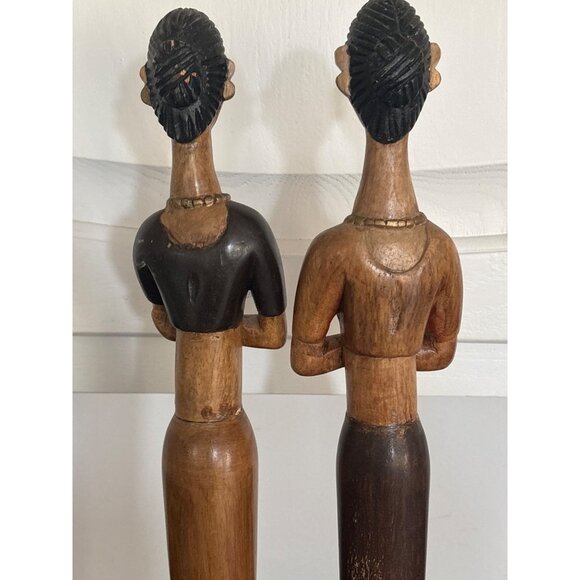 Hand-Carved African-Inspired Wooden Female Figurines Statues On Black Stands - Picture 9 of 16
